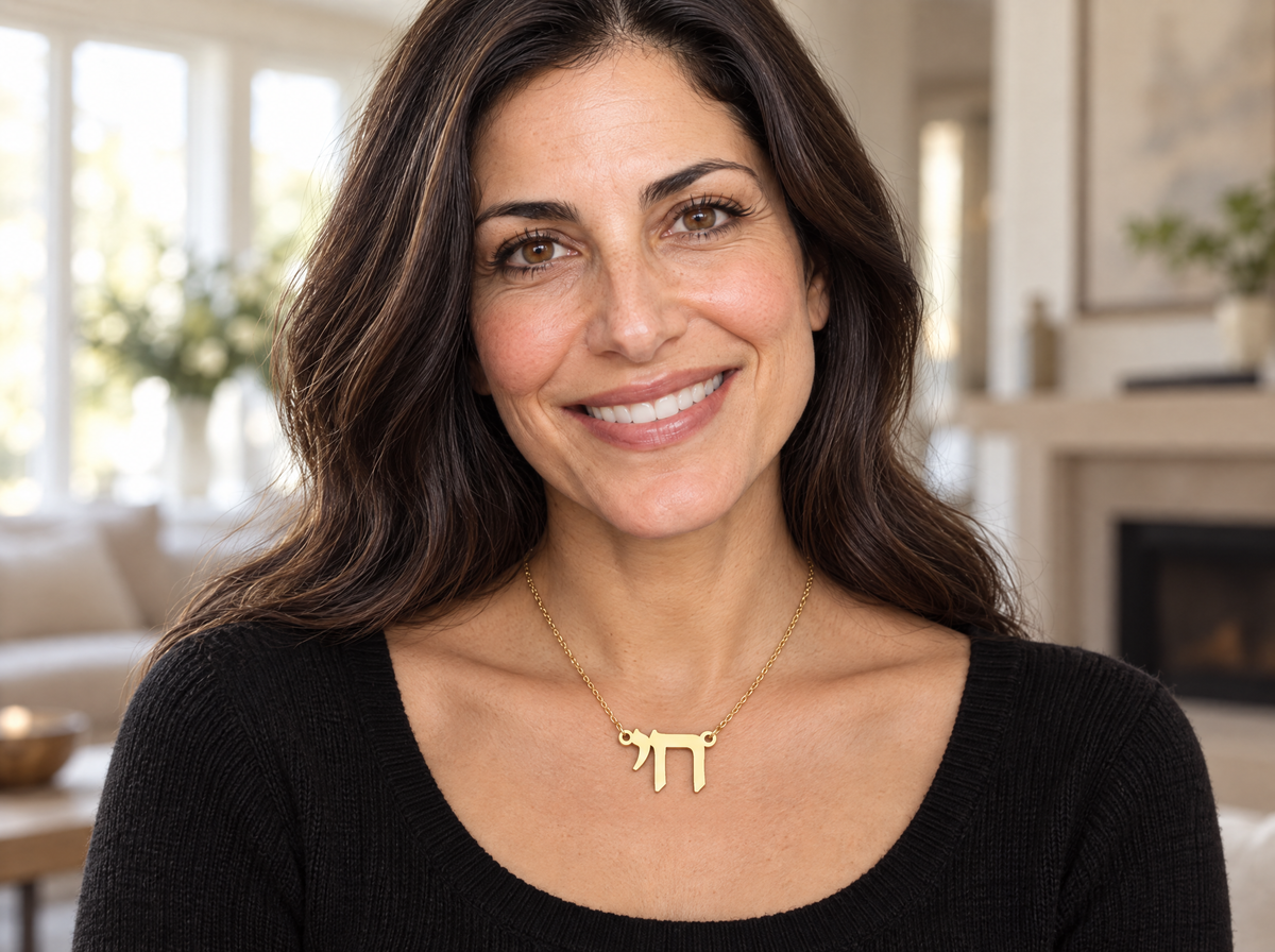 Smiling woman wearing a gold chai necklace with the Hebrew word חי in 18K gold plating