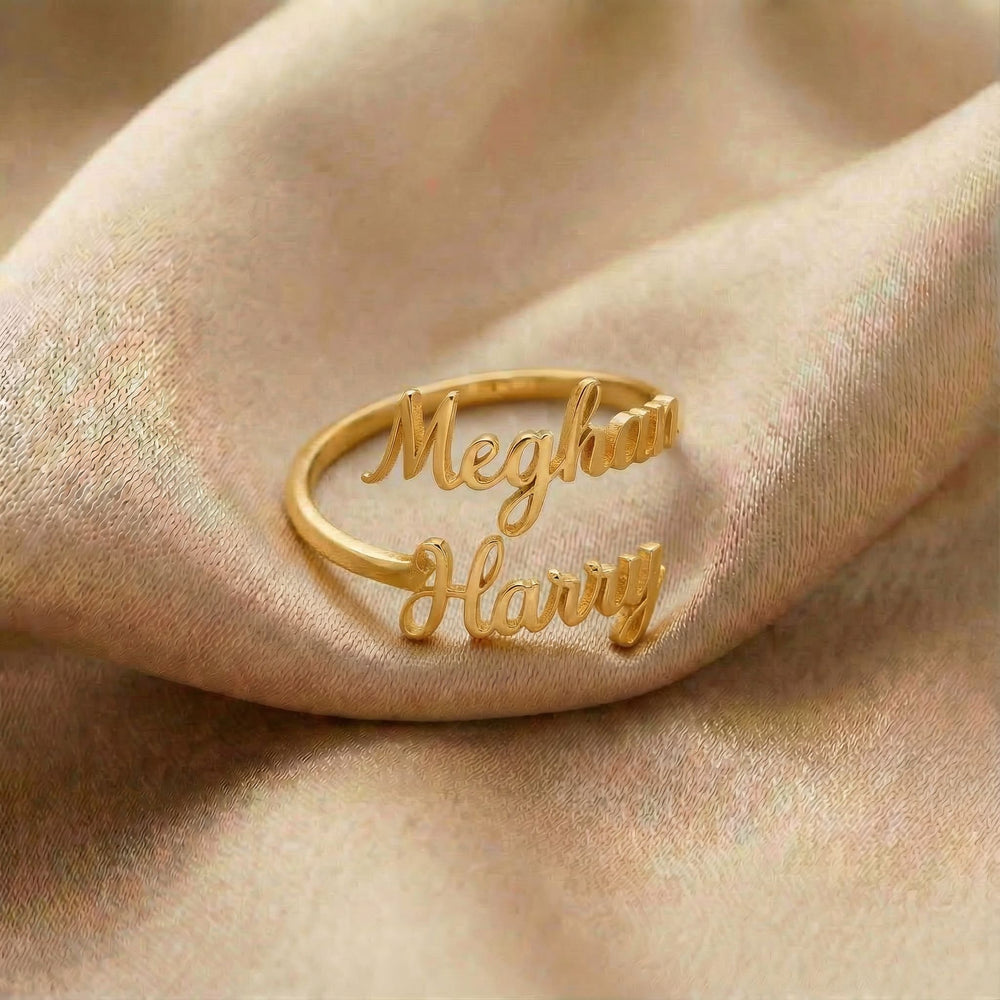 Personalized name ring, one-size in gold finish on beige silk fabric