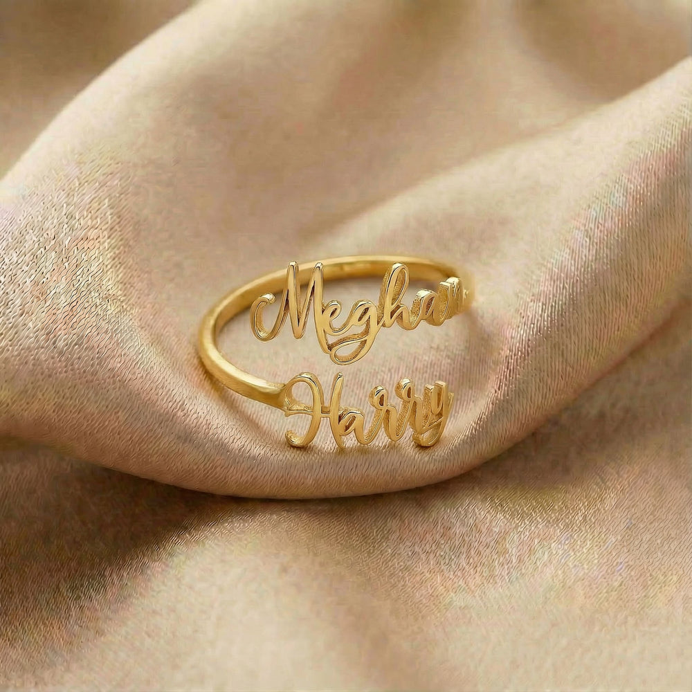 Personalized name ring, one-size in gold finish on beige silk fabric