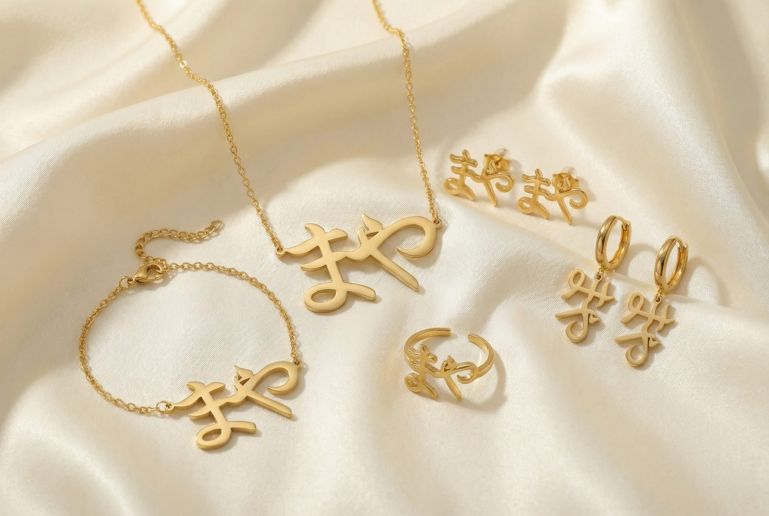 Gold Japanese jewelry set including necklace, bracelet, ring, and earrings on a silk beige fabric