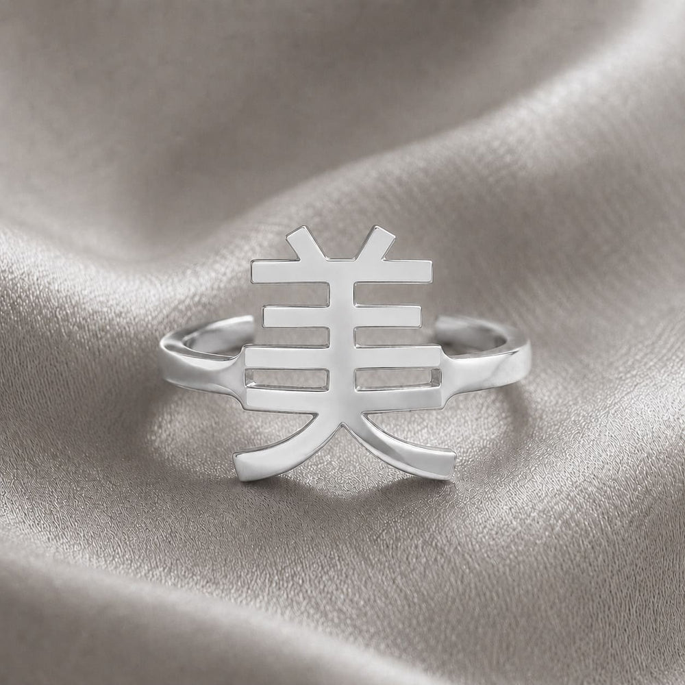 Silver ring with a Kanji character design meaning "beauty" on a textured silver background