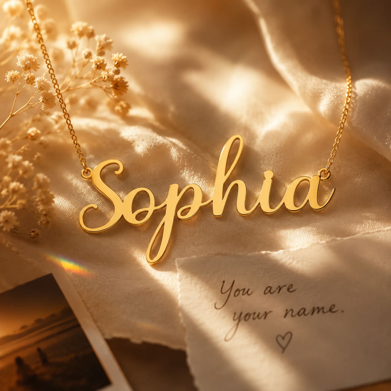 Gold 'Sophia' necklace on a soft fabric background with a quote card.