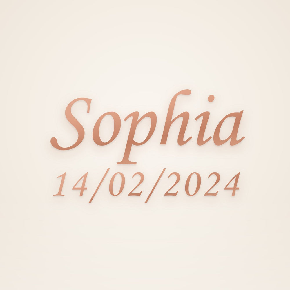 Custom Name and Date Necklace in rose gold, rendered preview